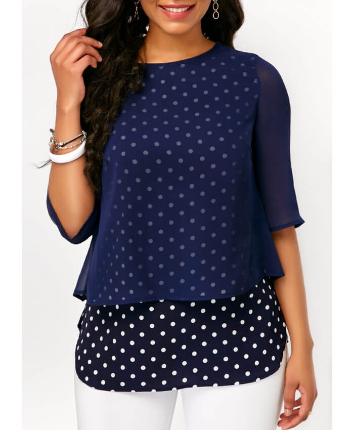 Half Sleeve Navy Mesh Overlay Polka Dot Blouse